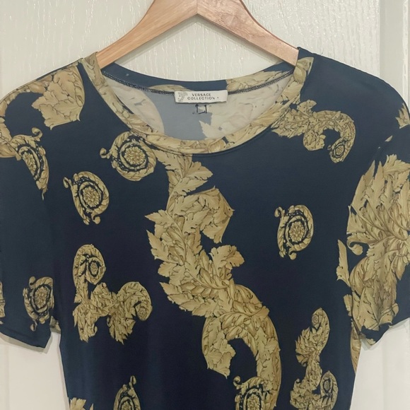 Versace Jeans Couture Navy Blue Gold Chromo Couture T-Shirt Semi Sheer Long Sm - Picture 7 of 11